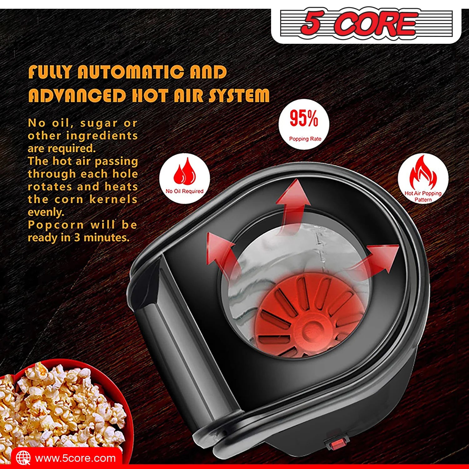 5 Core Hot Air Popcorn Machine 16 Cup Capacity • Electric Oil-Free Kernel Popper Bpa-Free Food Safe