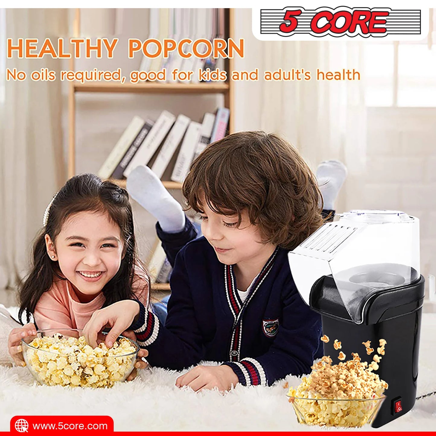 5 Core Hot Air Popcorn Machine 16 Cup Capacity • Electric Oil-Free Kernel Popper Bpa-Free Food Safe