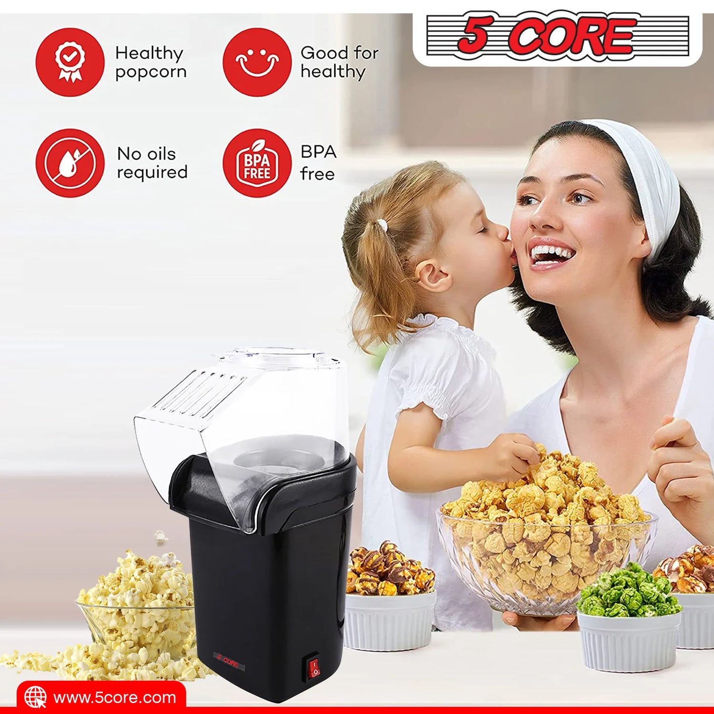 5 Core Hot Air Popcorn Machine 16 Cup Capacity • Electric Oil-Free Kernel Popper Bpa-Free Food Safe