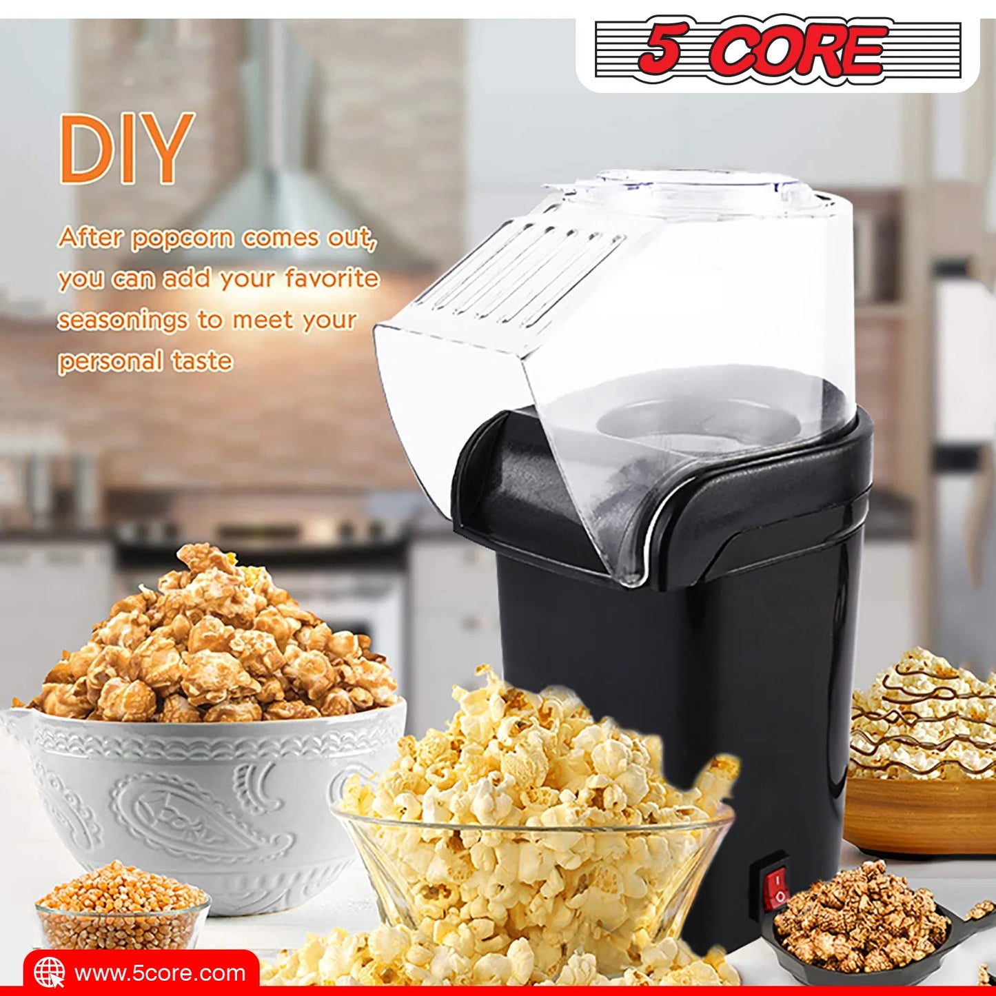 5 Core Hot Air Popcorn Machine 16 Cup Capacity • Electric Oil-Free Kernel Popper Bpa-Free Food Safe