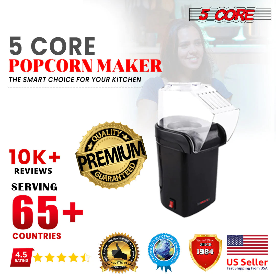 5 Core Hot Air Popcorn Machine 16 Cup Capacity • Electric Oil-Free Kernel Popper Bpa-Free Food Safe