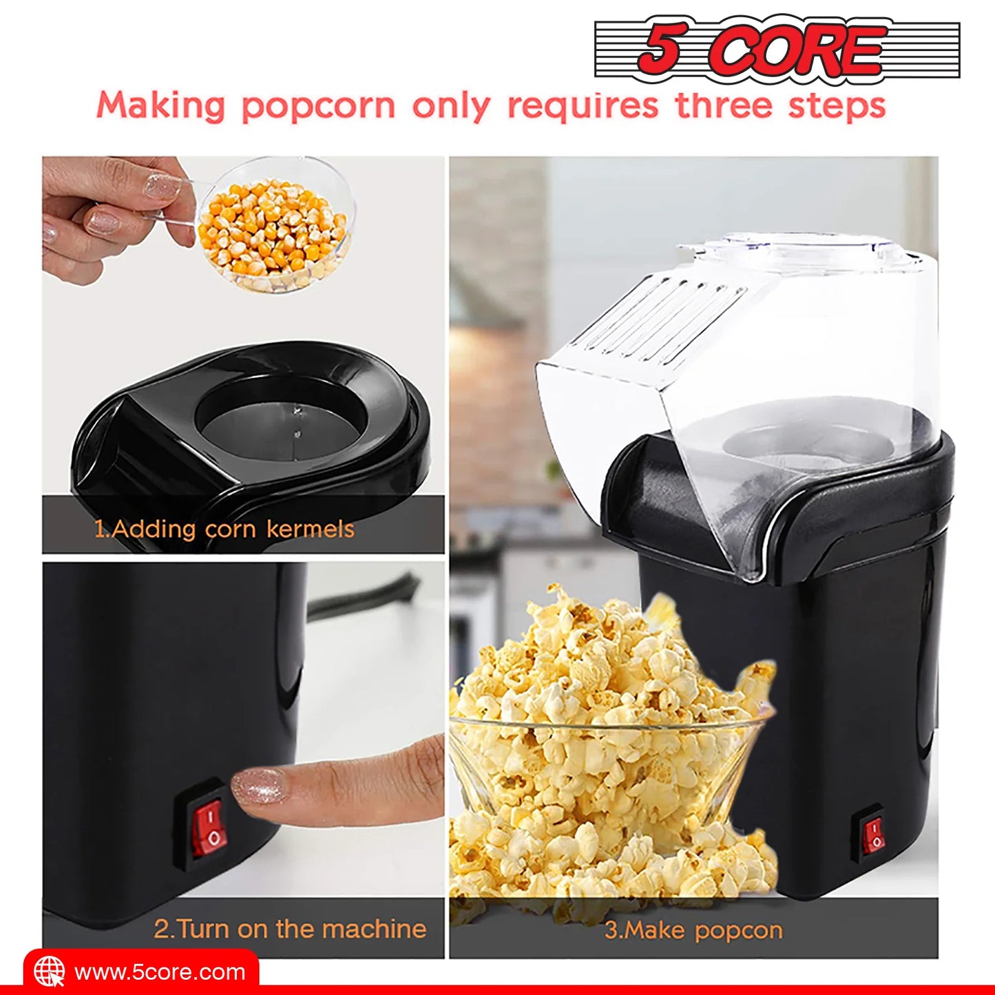 5 Core Hot Air Popcorn Machine 16 Cup Capacity • Electric Oil-Free Kernel Popper Bpa-Free Food Safe