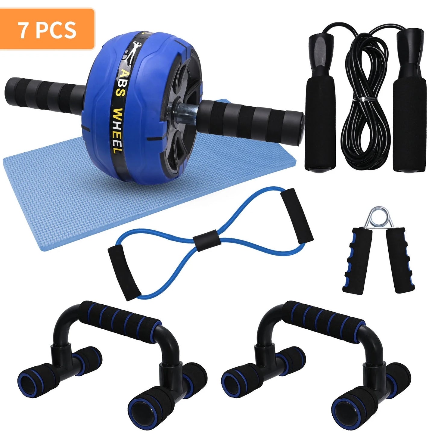 7-In-1 Ab Roller Wheel Kit, Perfect Home Gym Equipment Exercise Roller Wheel Kit with Push-Up Bar, Knee Mat, Jump Rope and Hand Gripper, Core Strength & Abdominal Exercise Ab Roller, Blue